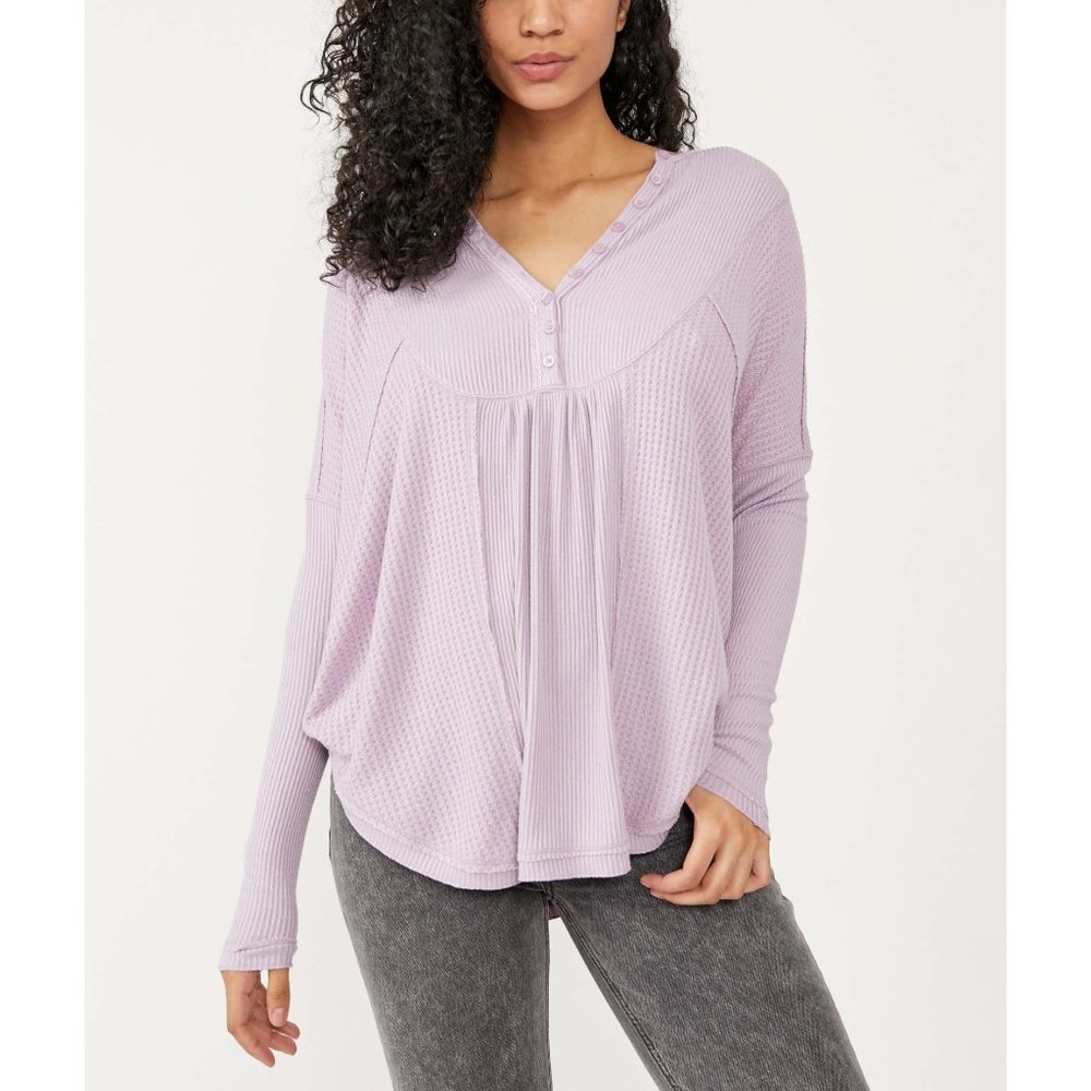 Free People Lavender Waffle Knit Long Sleeve Henley Top